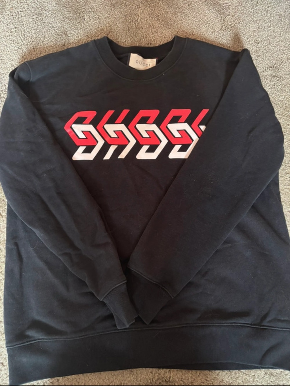 Gucci Black Crewneck Sweater with Red & White Geometric Logo